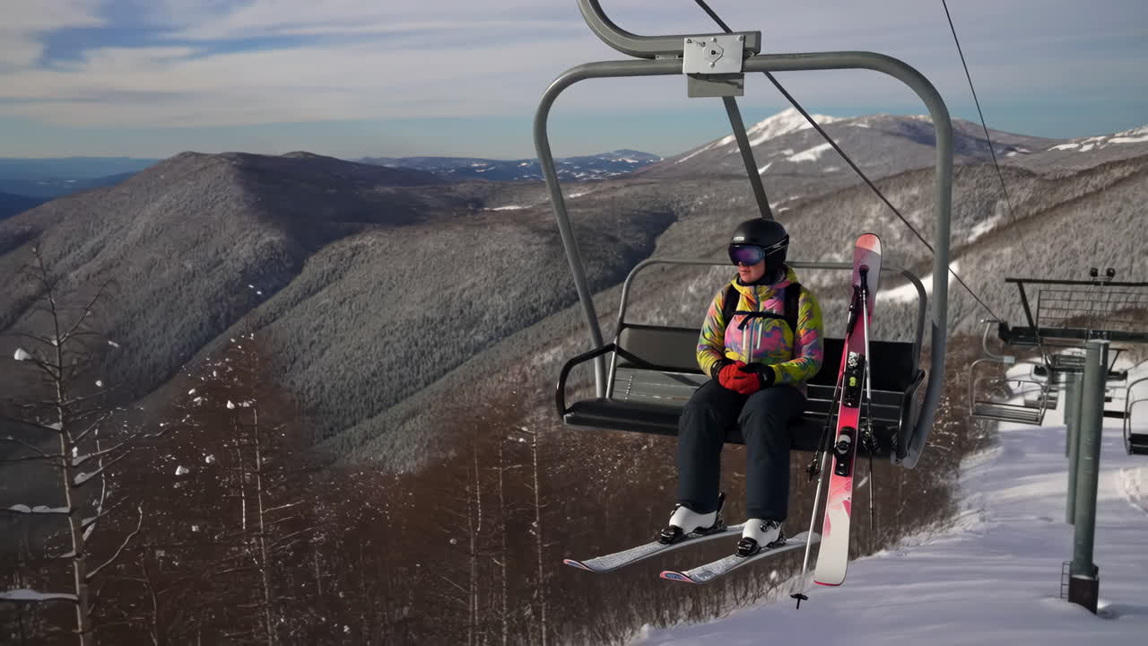 Skier on a ski lift with snowy mountains in the background