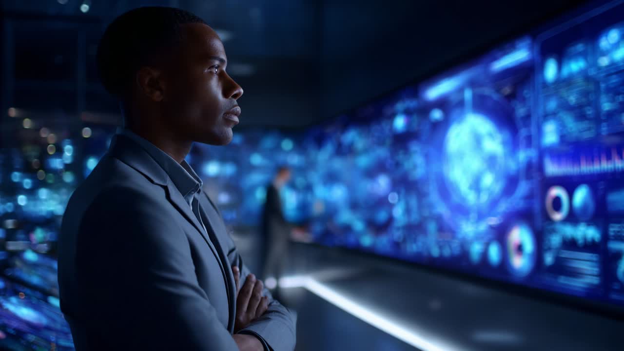 A focused professional observes advanced data visualizations and analytics in a modern workspace, emphasizing technology's role in decision-making and strategic planning within a futuristic environment