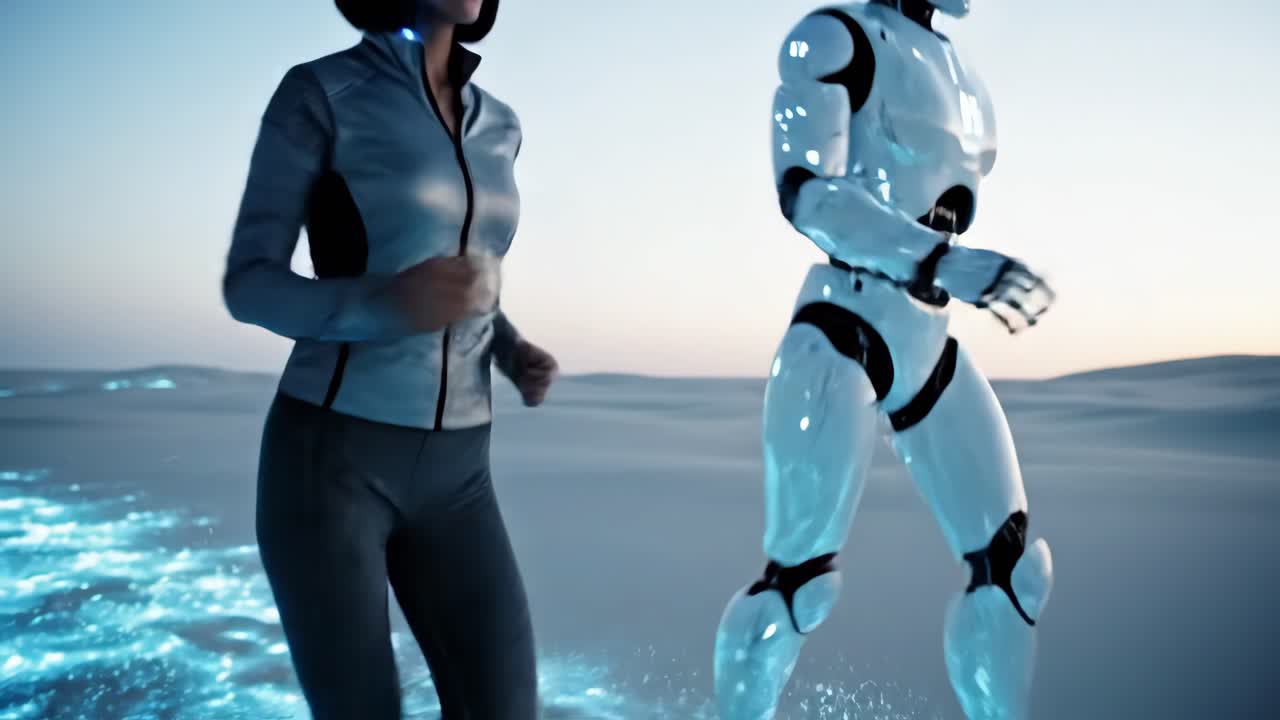 Woman and Robot Running Together