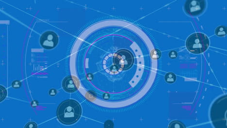 animación de iconos conectados, reactor de arco y patrón abstracto sobre fondo azul