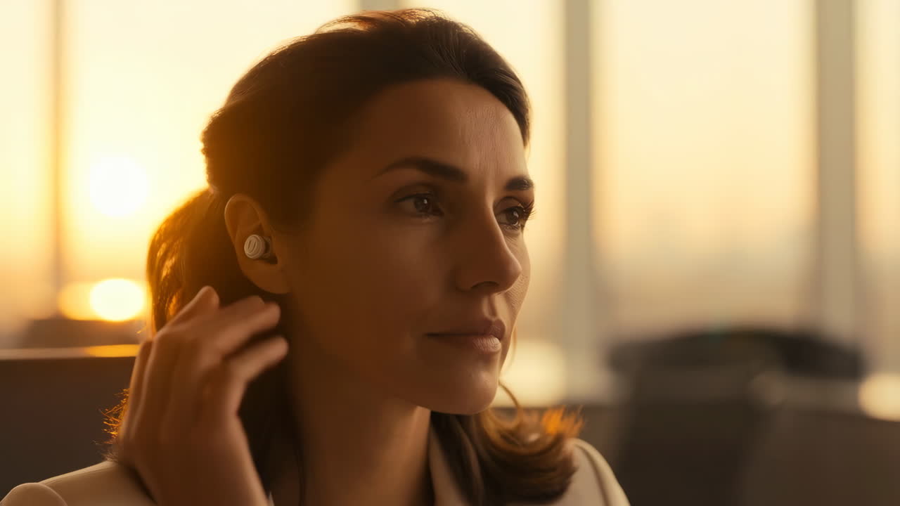 Woman wearing earbuds