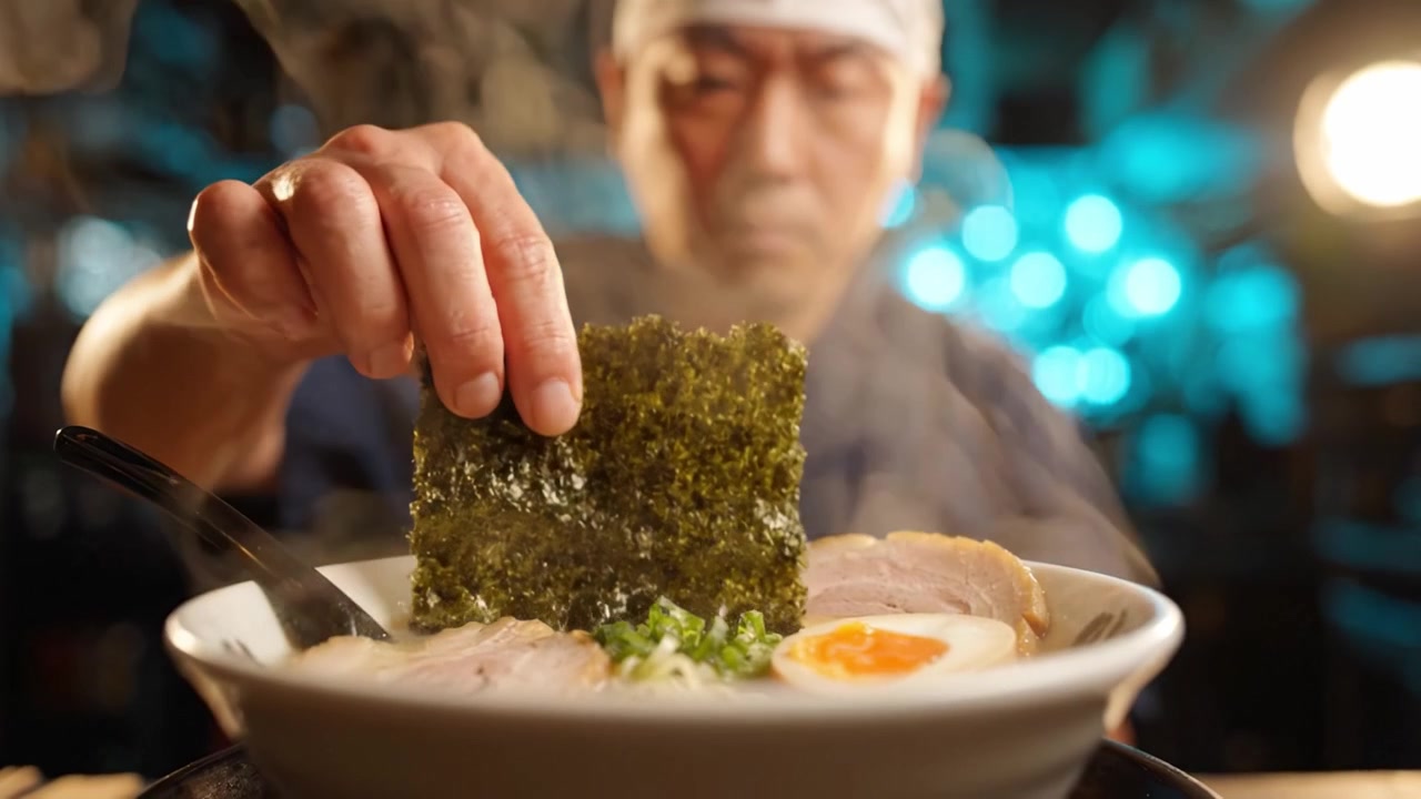 Maestro Chef Prepara Piatto di Ramen con Noodles Fumanti, Fette di Maiale, Uovo Sodo e Alghe per un'Autentica Esperienza Culinaria Giapponese