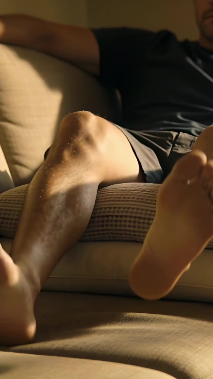 Video verticale: Uomo sdraiato che si sistema sul divano di casa, muovendo i piedi, con cuscino fantasia e pantaloncini scuri.