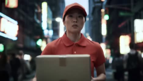 a delivery person in an orange uniform hurries through busy city streets filled with bright neon lights at night, focused on making a timely drop-off while navigating crowds.