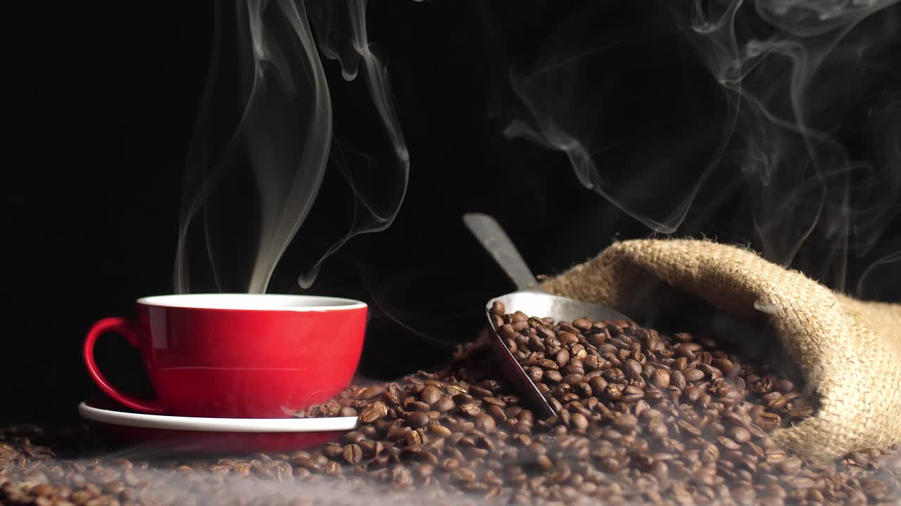 Coffee Cup With Smoke And Roasted Coffee Beans, Video In 4K, 50Fps