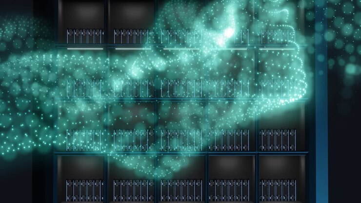 Animation of green glowing mesh over computer servers