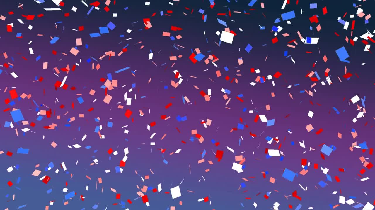 Animation of confetti falling over gradient blue to purple background