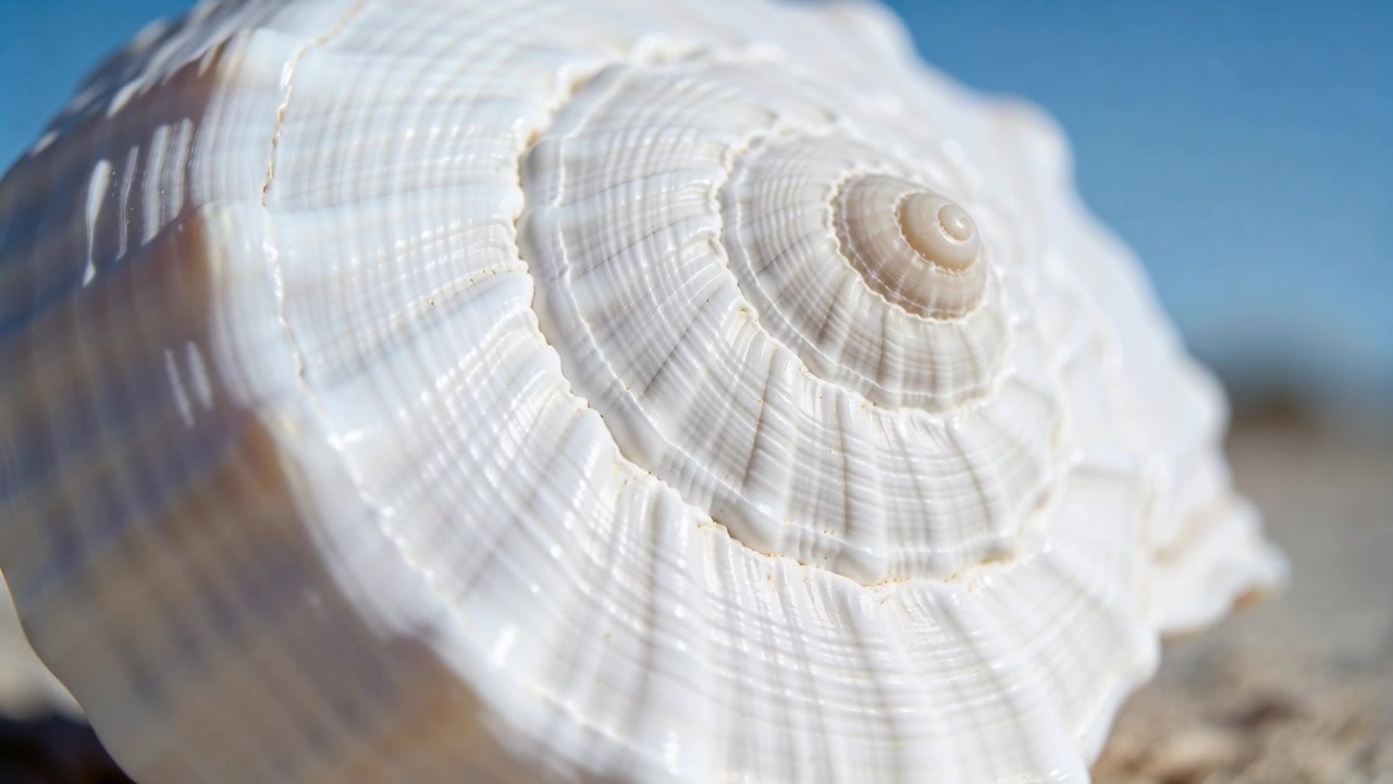 Rotating camera revealing white spiral seashell on sandy shoreline, sunlight tracing glossy whorls