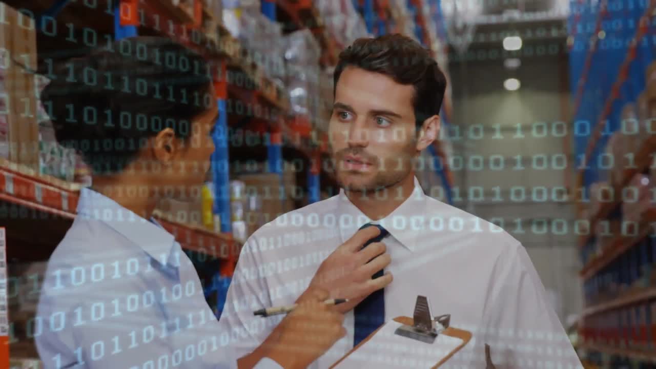 Animation of binary coding over male and female warehouse workers