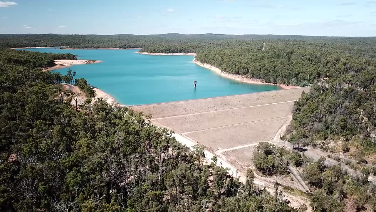 Aerial view over Logue Brook Dam (also known as Lake Brockman) in the south-west of Western Australia. March 2019