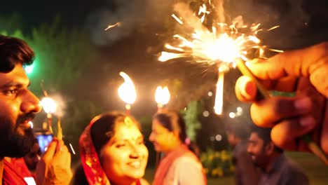 people celebrating with sparklers at night