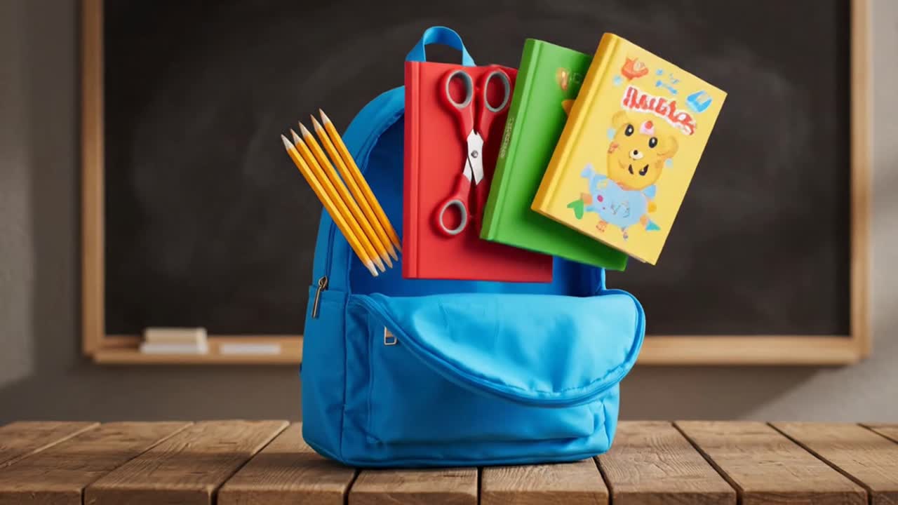 Blue Student Backpack on a Wooden Desk in a Traditional Classroom