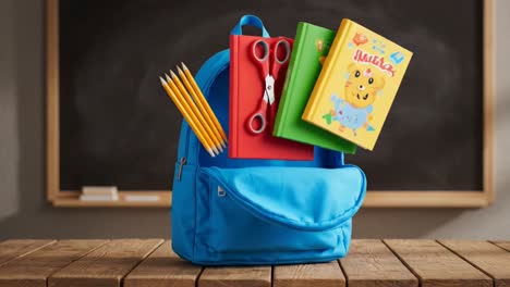 blue student backpack on a wooden desk in a traditional classroom
