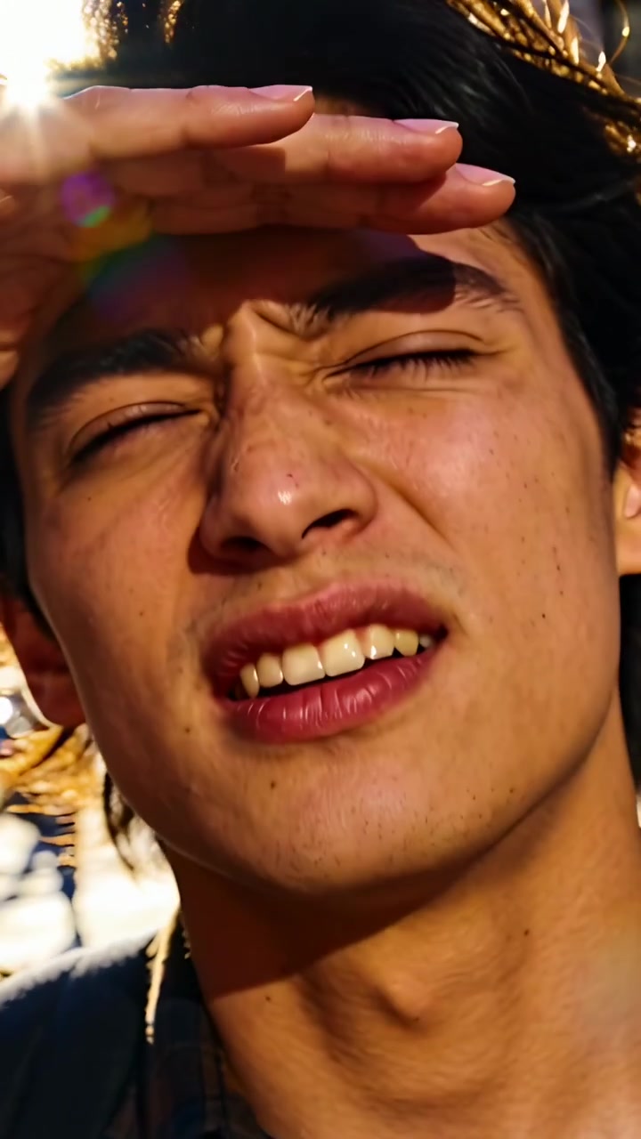 Video verticale: Luce del sole che colpisce gli occhi, adolescente che strizza gli occhi alzando la mano destra per bloccare il bagliore dell'obiettivo all'esterno.