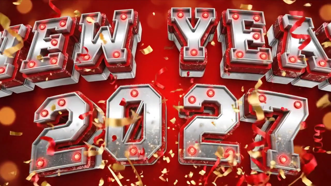 Animazione di auguri per il nuovo anno 2027 con tipografia audace rossa e bianca su sfondo scuro.