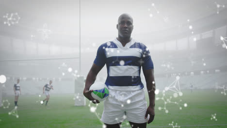 animation of chemical structures over male rugby players at stadium