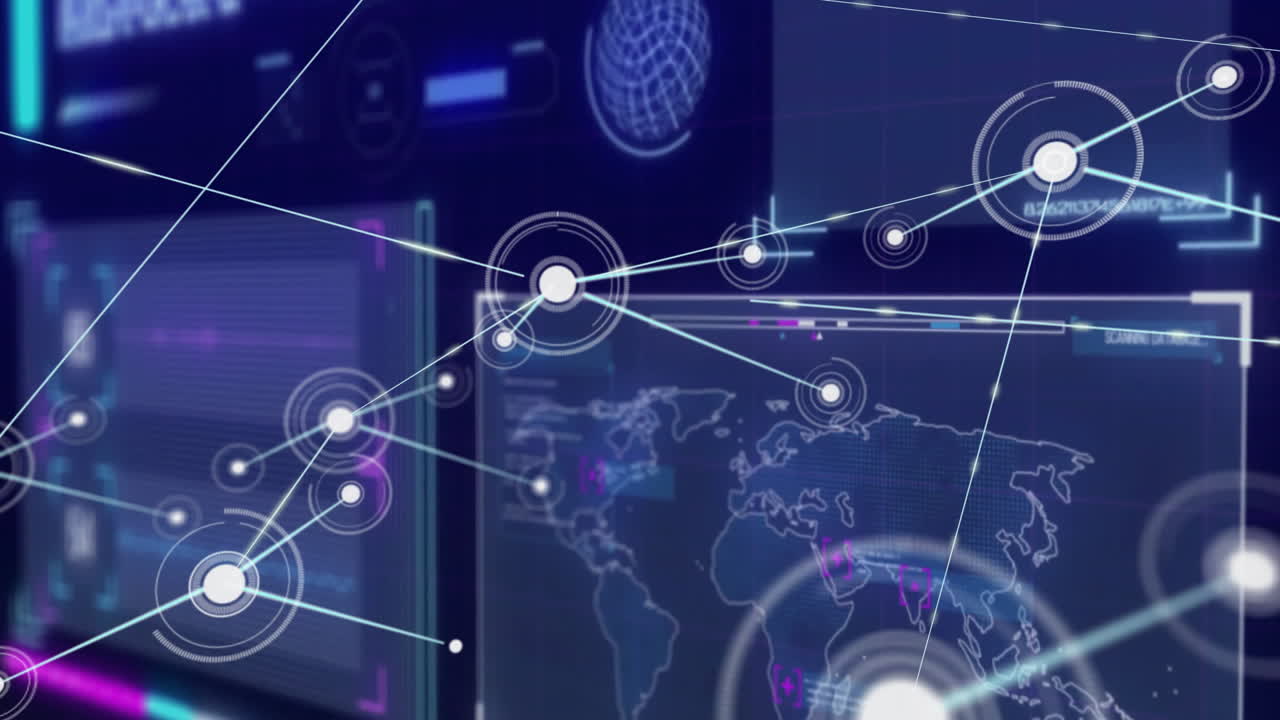 Network of connections and data processing animation over world map interface