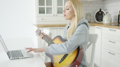 woman using laptop while playing guitar