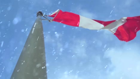 canada flag blowing in winter with snowflakes