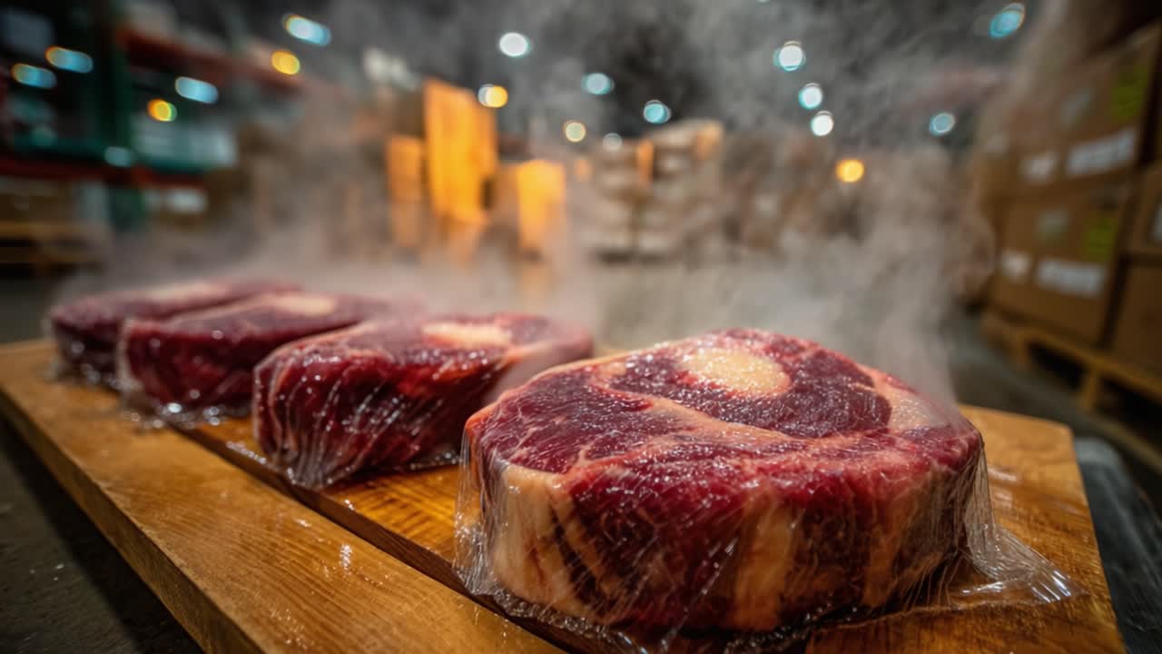 Bistecche Appena Tagliate Sigillate Sottovuoto su un Tagliere di Legno che Emettono Vapore in un Ambiente di Magazzino, Mostrando Qualità Premium e Presentazione dei Prodotti a Base di Carne
