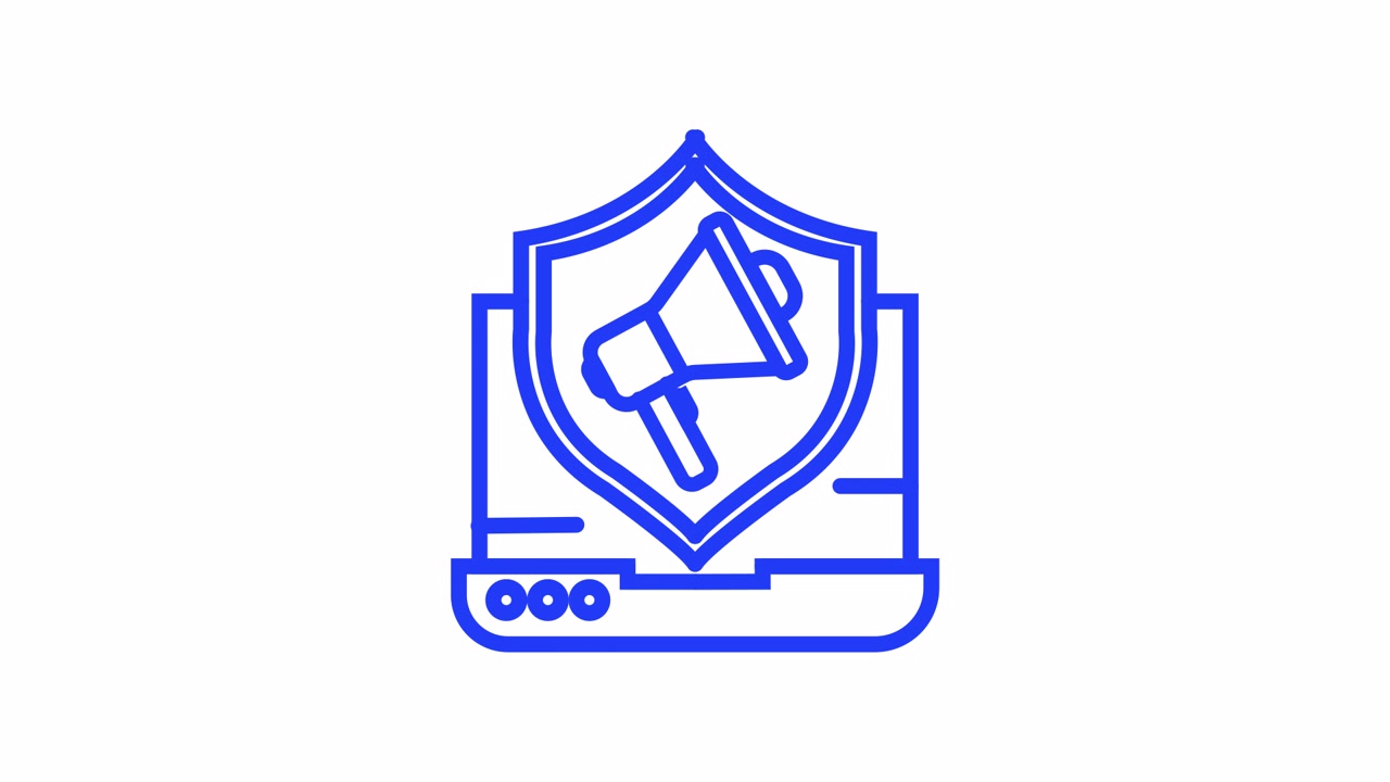 Animated Line Drawing of Laptop with Megaphone and Shield Icon