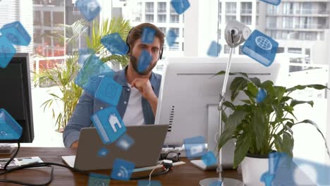 animación de un hombre caucásico hablando con auriculares sobre iconos azules que caen