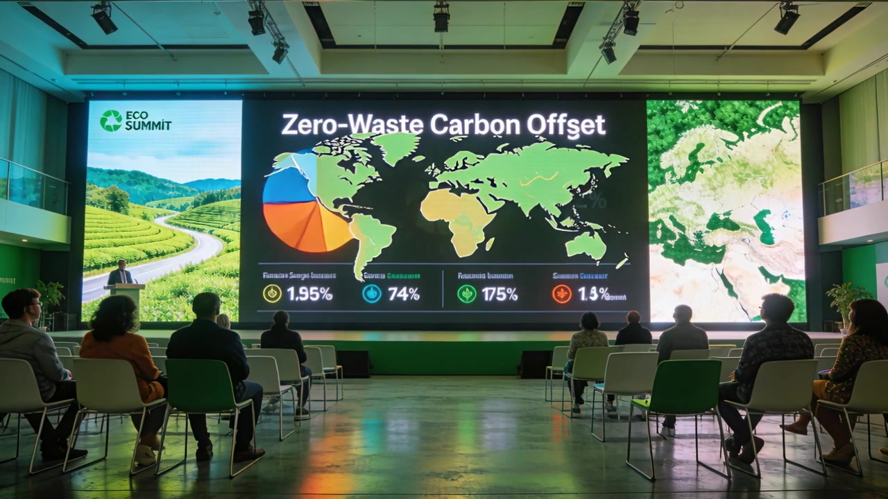 Animating main screen after data update in green hall, showing zero-waste carbon offset metrics