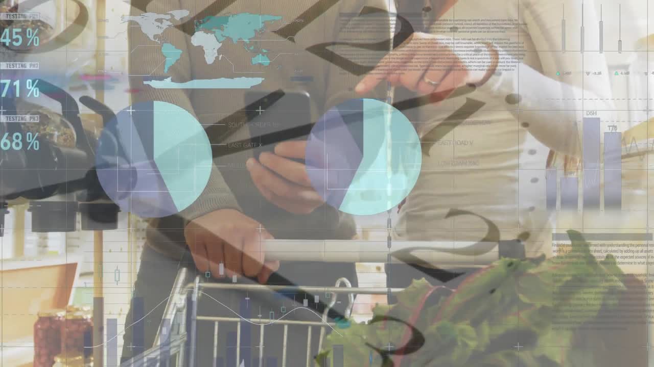 식료품 가게에서 쇼핑하는 동안 스마트폰을 사용하는 커플에 대한 금융 데이터 처리