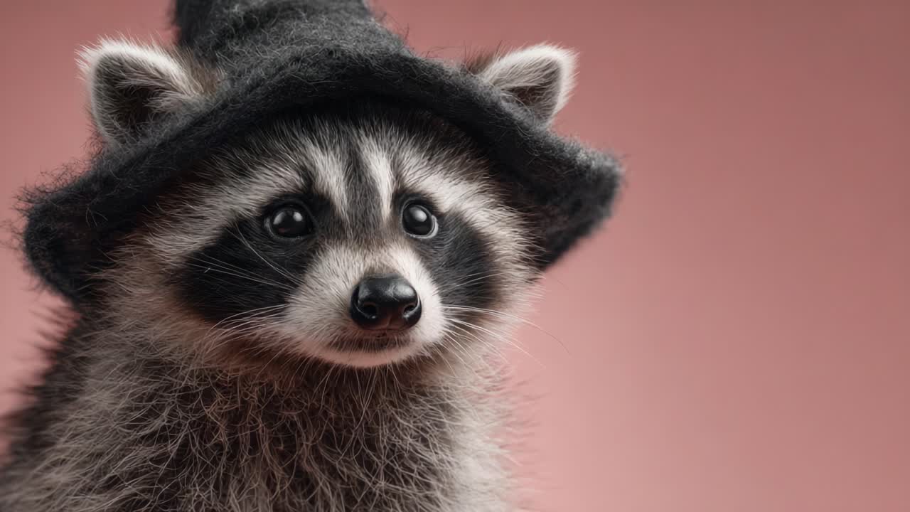 A Charming Raccoon in a Witch Hat Captured in a Cute and Whimsical Portrait Against a Soft Pink Background Full of Mischief and Playfulness