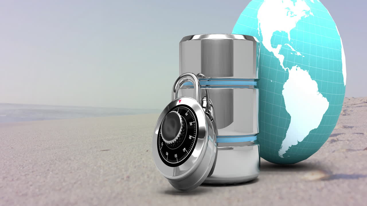 Combination lock and globe on sandy surface near metallic cylinder, animation theme