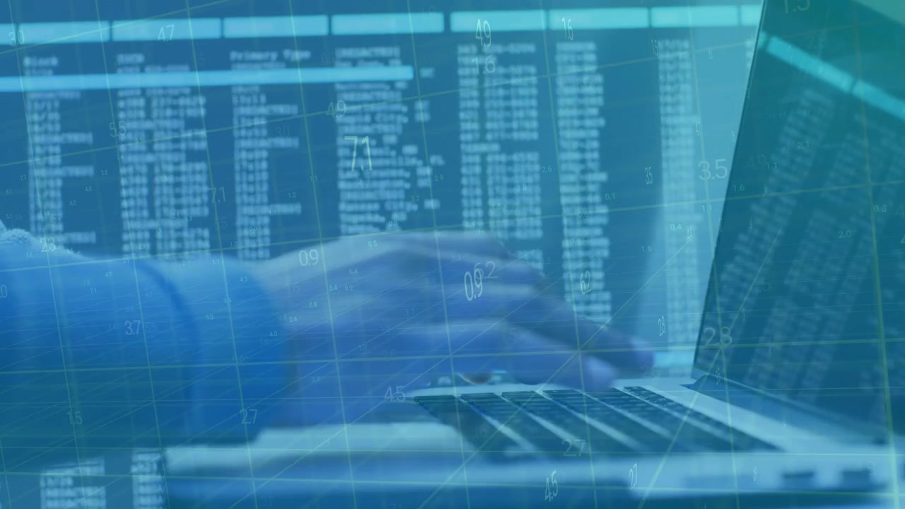 Analyst typing on laptop, pressing keys and causing numeric overlays for data review, settling