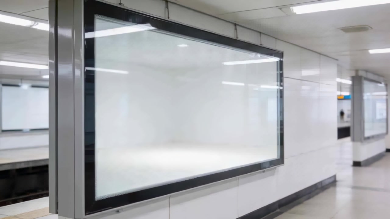 Schwenkende Kamera fokussiert auf ein großes beleuchtetes Display an einer U-Bahn-Plattform und enthüllt eine entfernte Silhouette.