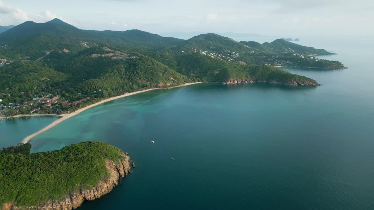 Aerial waterfront resort in Ko Pha Ngan or Koh Phangan Island in Gulf of Thailand , Koh Nang Yuan white sand beach