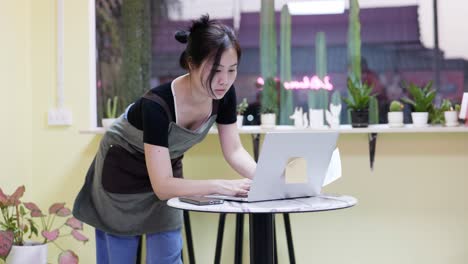the restaurant manager is surfing the web and communicating. standing in a coffee cafe, looking over documents.