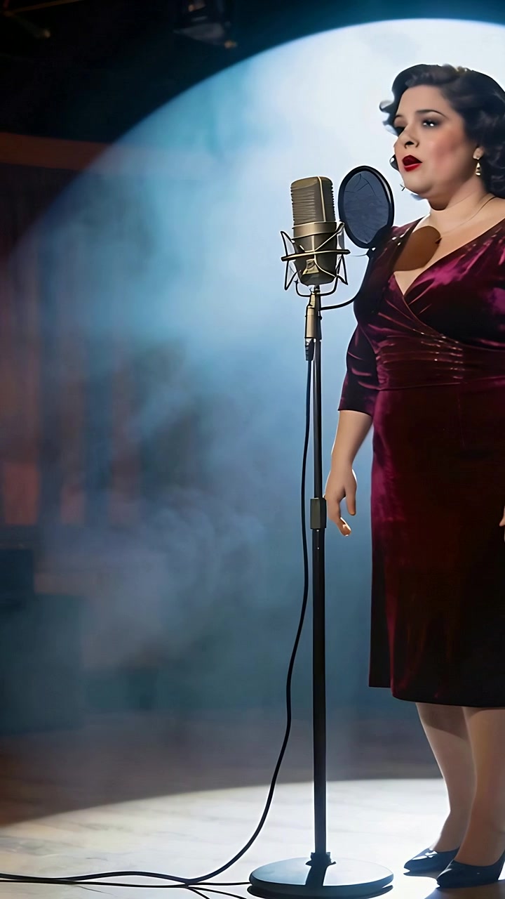 Video verticale: Mano che si protende e fa un gesto a una cantante che canta nel microfono in un locale, vestito bordeaux, spazio per il testo.