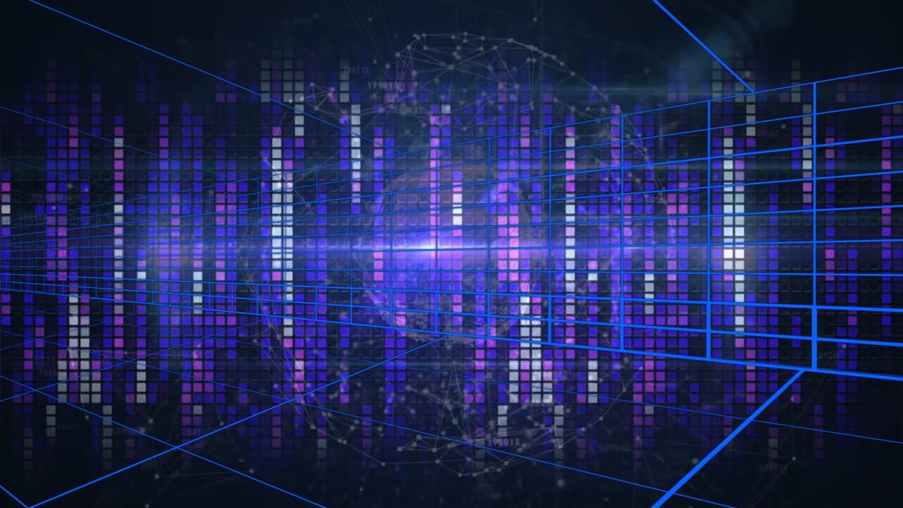 Central glow brightening, wireframe globe emerging and pulsing over bars, visualizing data