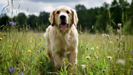 a cheerful golden retriever leaps through a vibrant meadow filled with wildflowers under a bright, clear sky. the dog joyfully explores its surroundings, showcasing its playful nature and energy. this delightful scene captures the essence of a carefree day outdoors, highlighting the bond between the