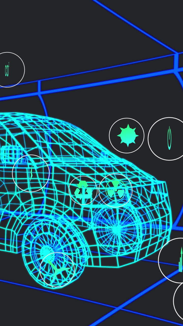 검은 바탕에서 움직이는 3d 밴 모델 위에서 아이콘의 처리 상태 데이터를 애니메이션