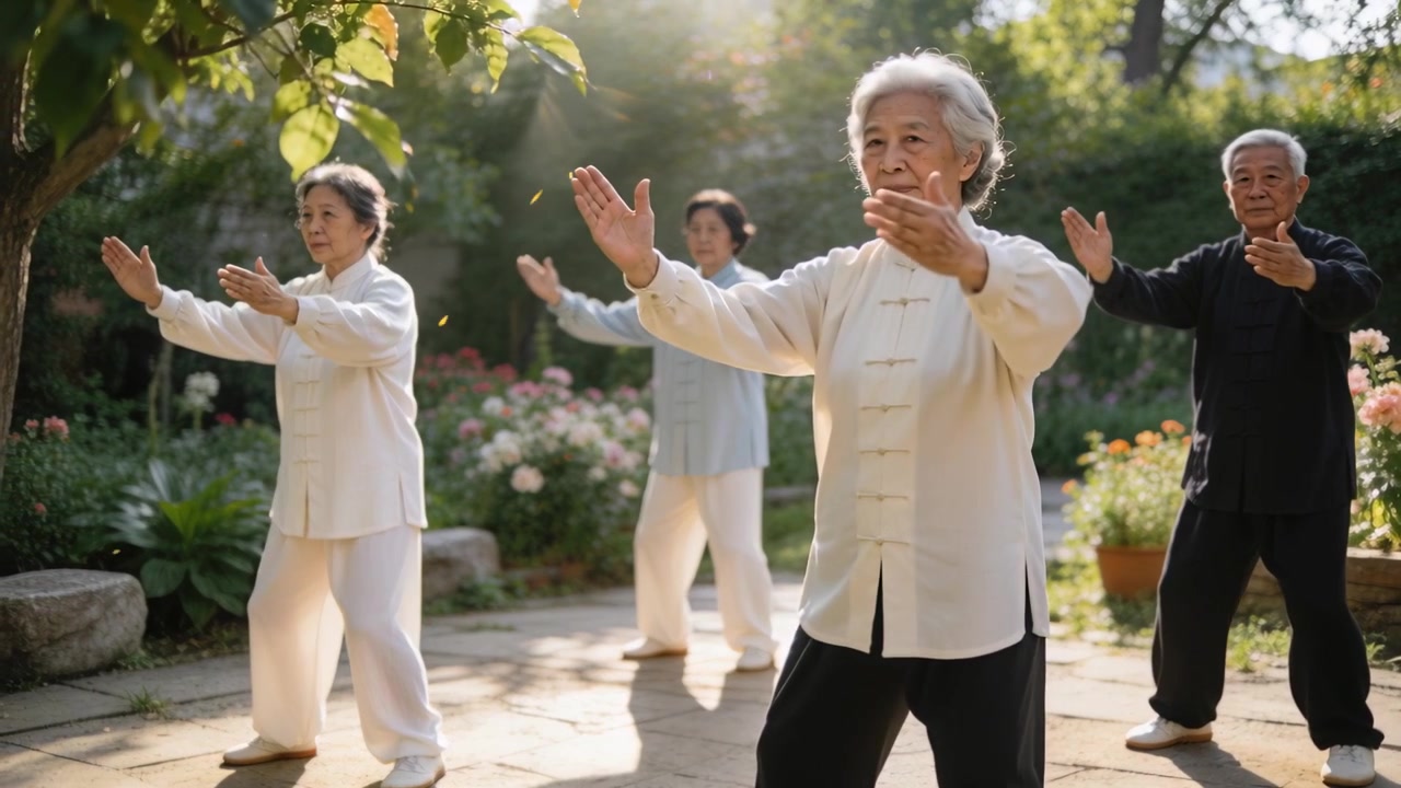 Mujer al frente con chaqueta blanca de tai chi liderando un grupo que practica tai chi lento para el equilibrio, en un patio.
