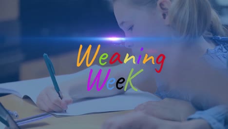weaning week text and spot of light over caucasian girl studying at school