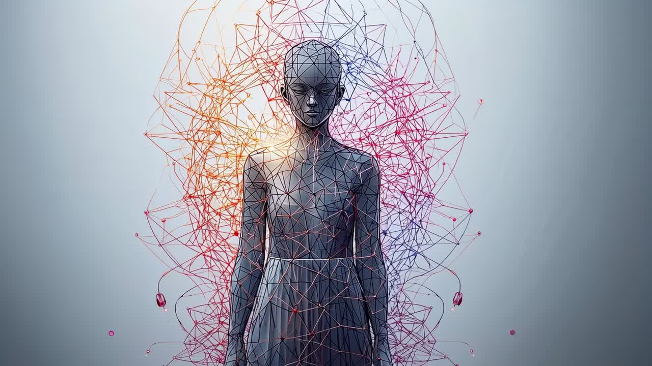 Pulsing statue with faceted mesh emitting shifting halo in studio as mesh pulses, simulating data