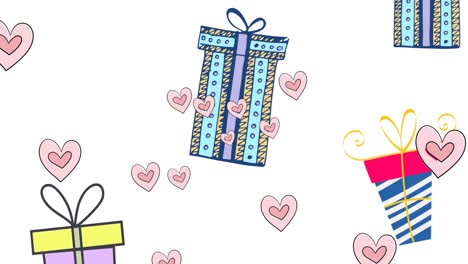 animation of heart icons over christmas presents