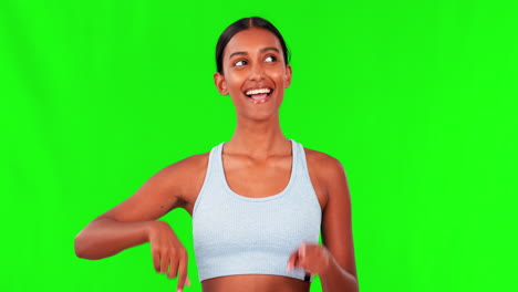 Indian-woman,-fitness-and-pointing-at-choice