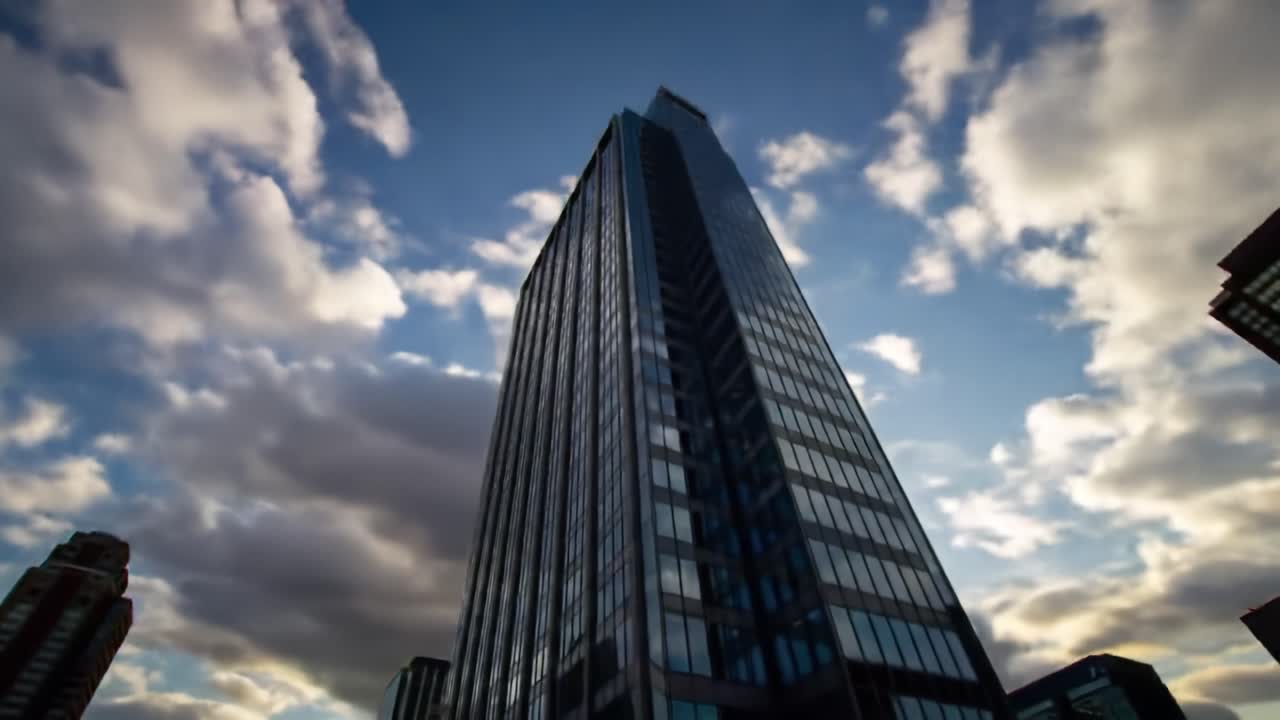 A tall skyscraper rises impressively under a dynamic sky filled with clouds. The city’s blend of modern architecture and nature creates a stunning urban landscape.