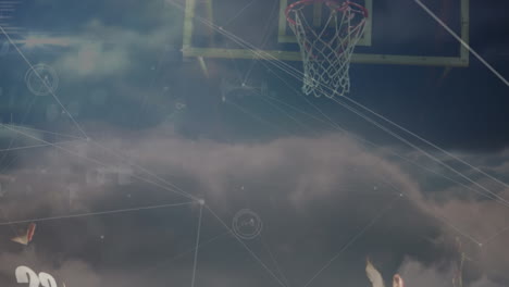 animation of data processing and networks of connections over diverse basketball players at gym