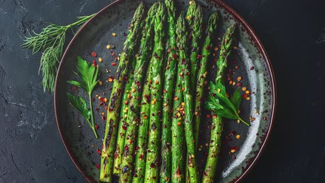 Roasted Asparagus Garnished With Spices And Fresh Herbs