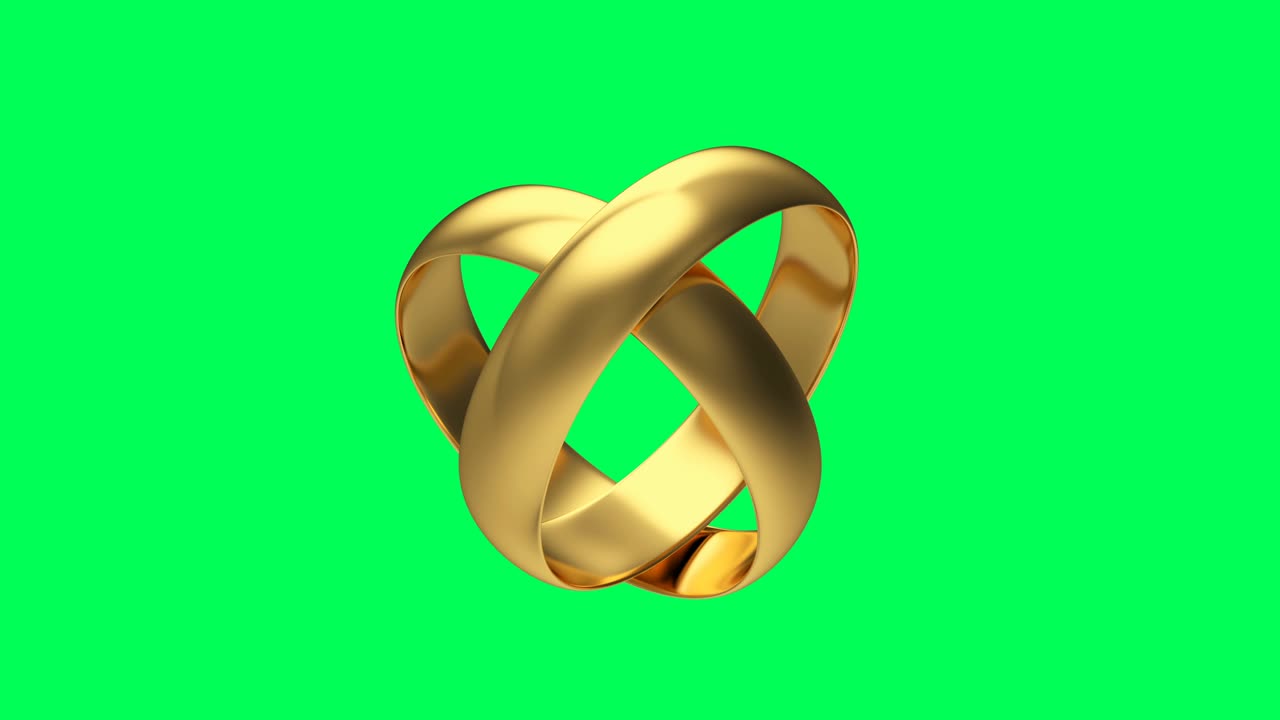 animación 3d de la rotación de dos anillos de bodas de oro conectados en pantalla verde. 4k