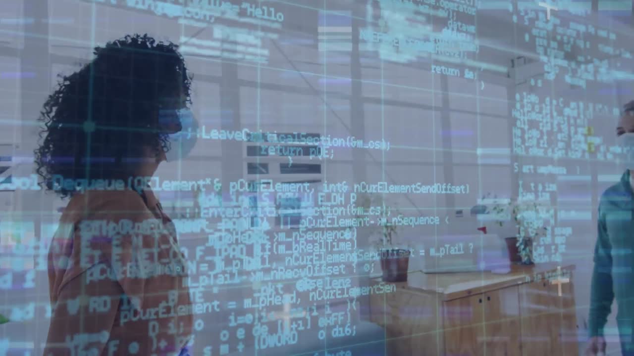 Animation of data processing over african american businesswoman working at office