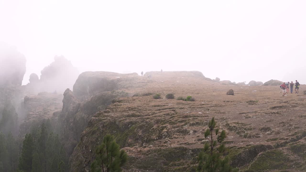 grupo de senderismo ascendiendo al roque nublo duroing una mañana brumosa en la isla de gran canaria, españa