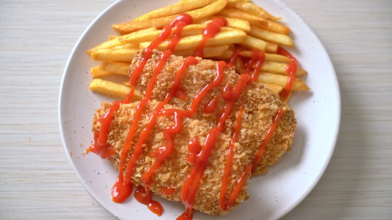 bistecca di filetto di petto di pollo fritto con patatine fritte e ketchup